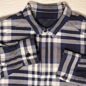 Juun.j Men's L/XL Blue Plaid Shirt Nylon Side Cinches Unique Street Tailoring